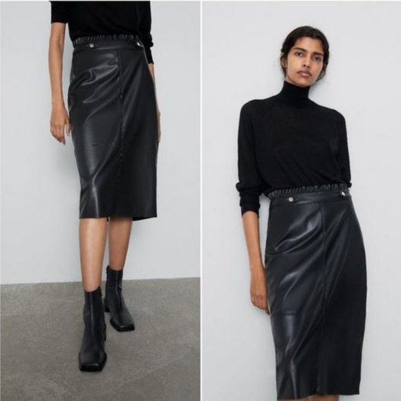 Zara Black Faux Leather Skirt With Gold Buttons, NWT, S - Picture 3 of 14